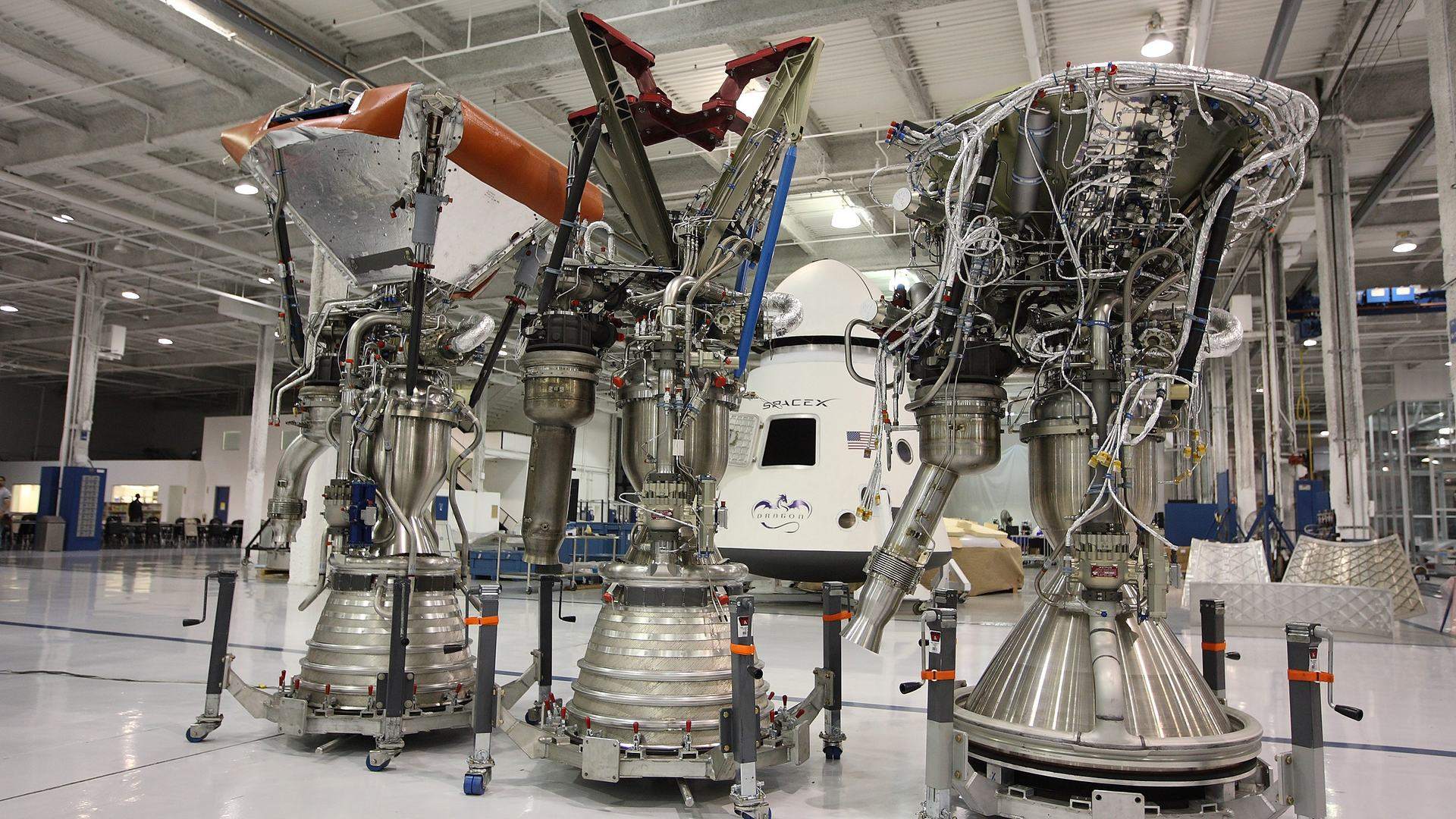 Merlin engines on the factory floor at SpaceX headquarters in Hawthorne, California, 2008