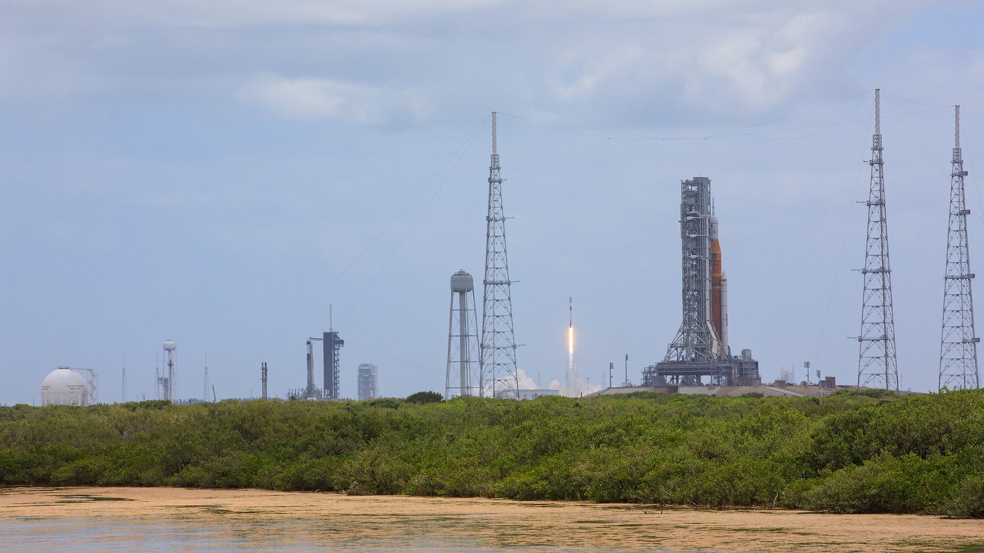 A Falcon 9 launching Starlink satellites from Cape Canaveral Space Force Station